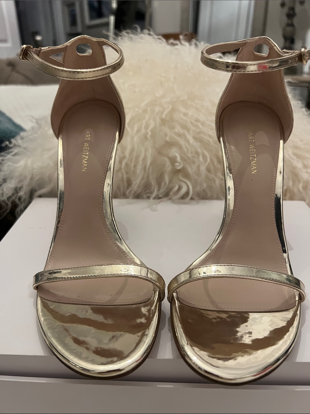 NWOT Stuart Weitzman Metallic Gold High-Heel Ankle-Strap Sandals